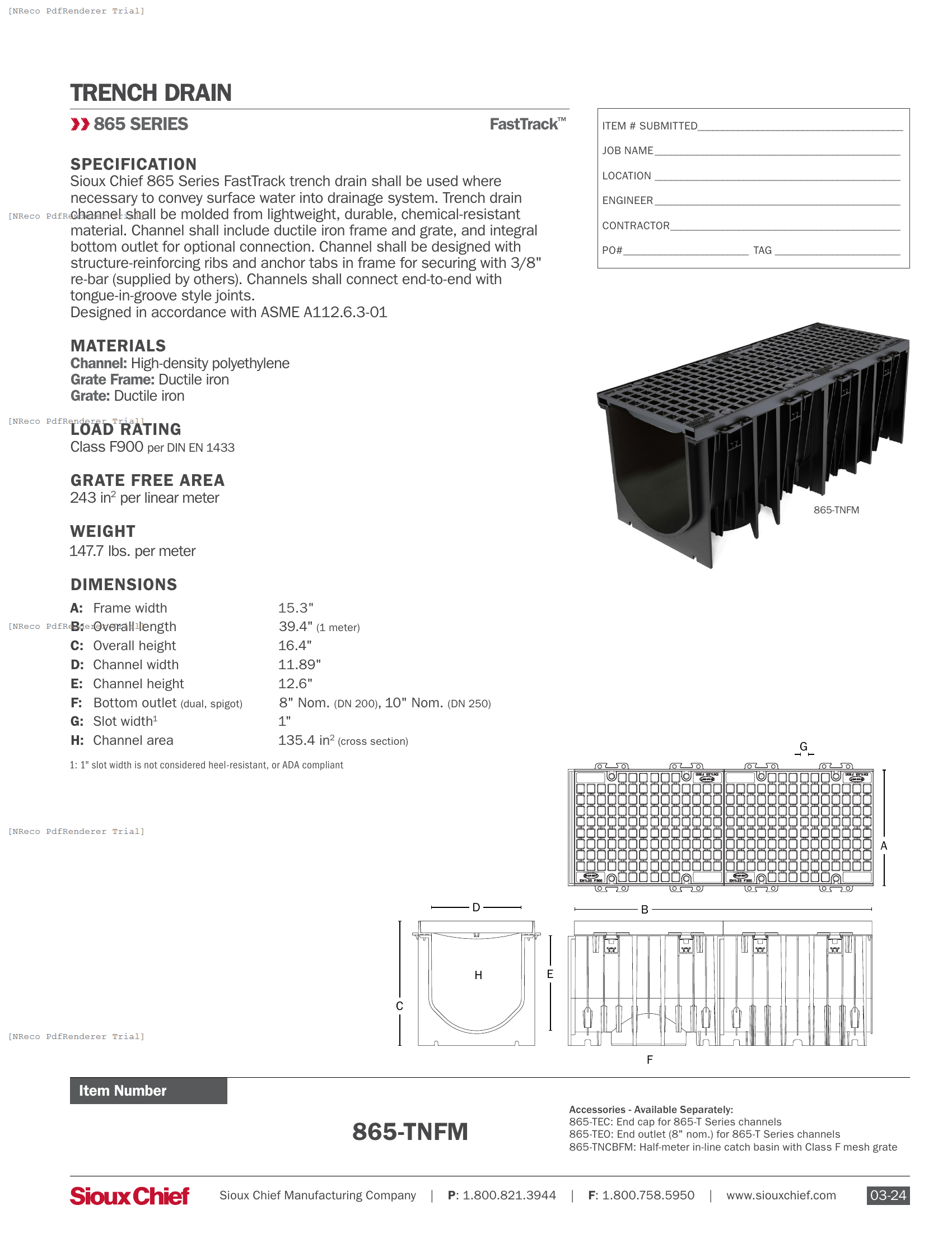 865-TNFM - FASTTRACK LARGE-CAPACITY TRENCH DRAIN - SPEC SHEET.PDF Specification Document